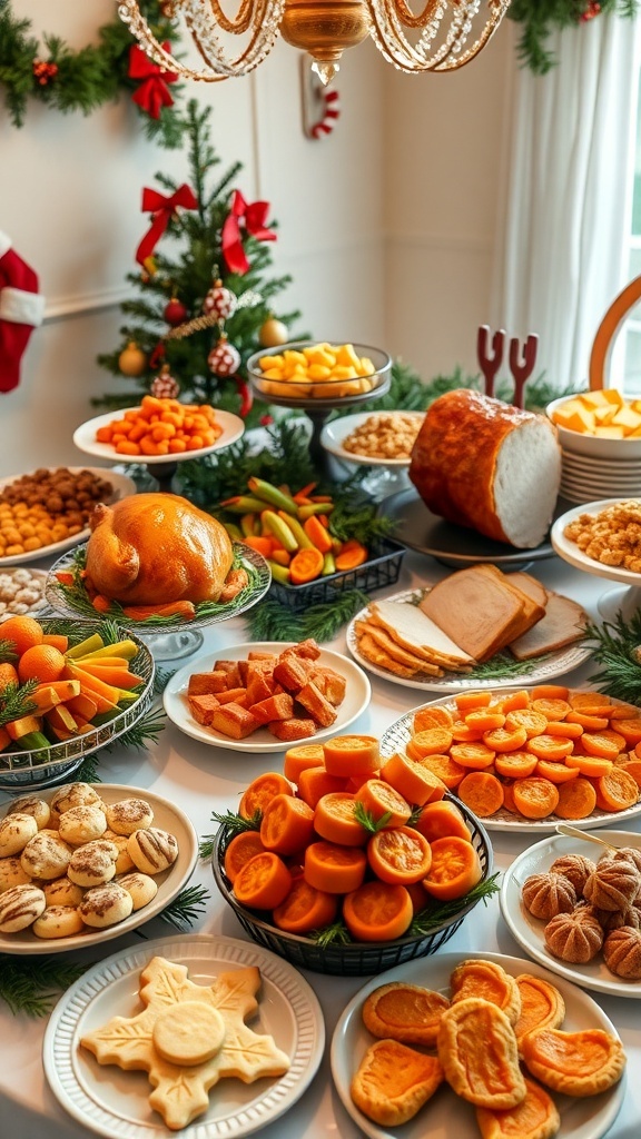A festive Christmas dinner buffet with turkey, ham, vegetables, and desserts on a decorated table.